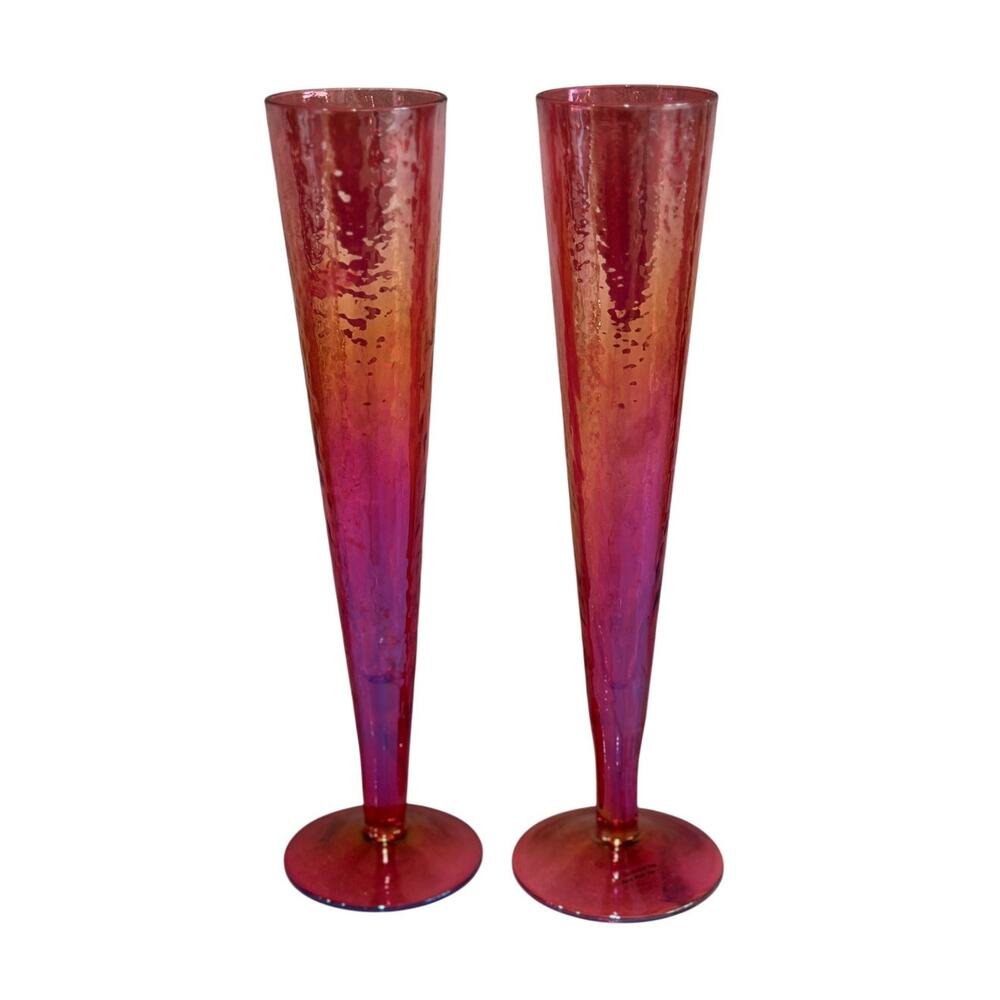 2 Piece Pink Iridescent Champagne Flute Set – Hammered Glass Look – No Brand